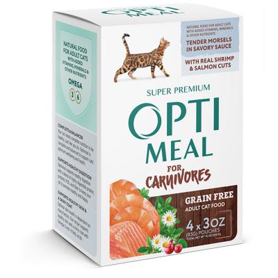 Optimeal Adult Cat Grain-Free Tender Morsels Shrimp & Salmon 3 oz. Pouch 4 Pack