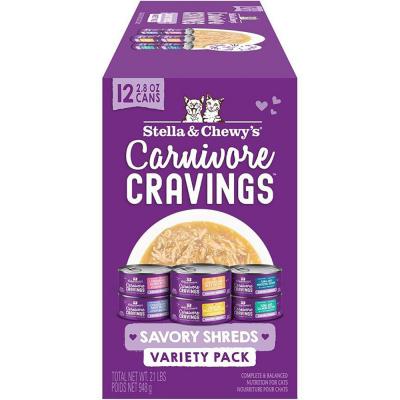 Stella & Chewy's Carnivore Cravings Savory Shreds Variety Pack Wet Cat Food 2.8 oz Cans 12 Count